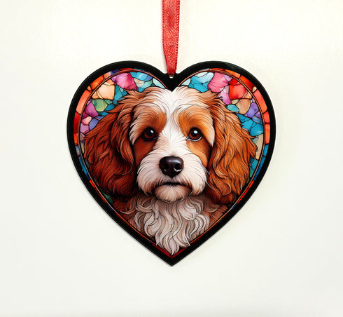 Cavapoo Brown & White Stained Glass Effect Heart Suncatcher